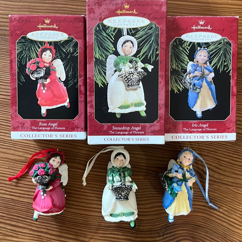 3 Hallmark’s Rose, Iris, & Snowdrop Angels Collector’s Series Keepsake Ornaments